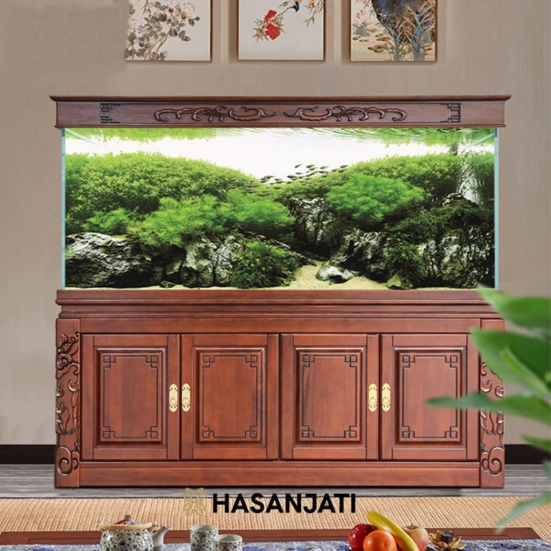 Lemari Aquarium Jati Ukiran Jepara warna natural