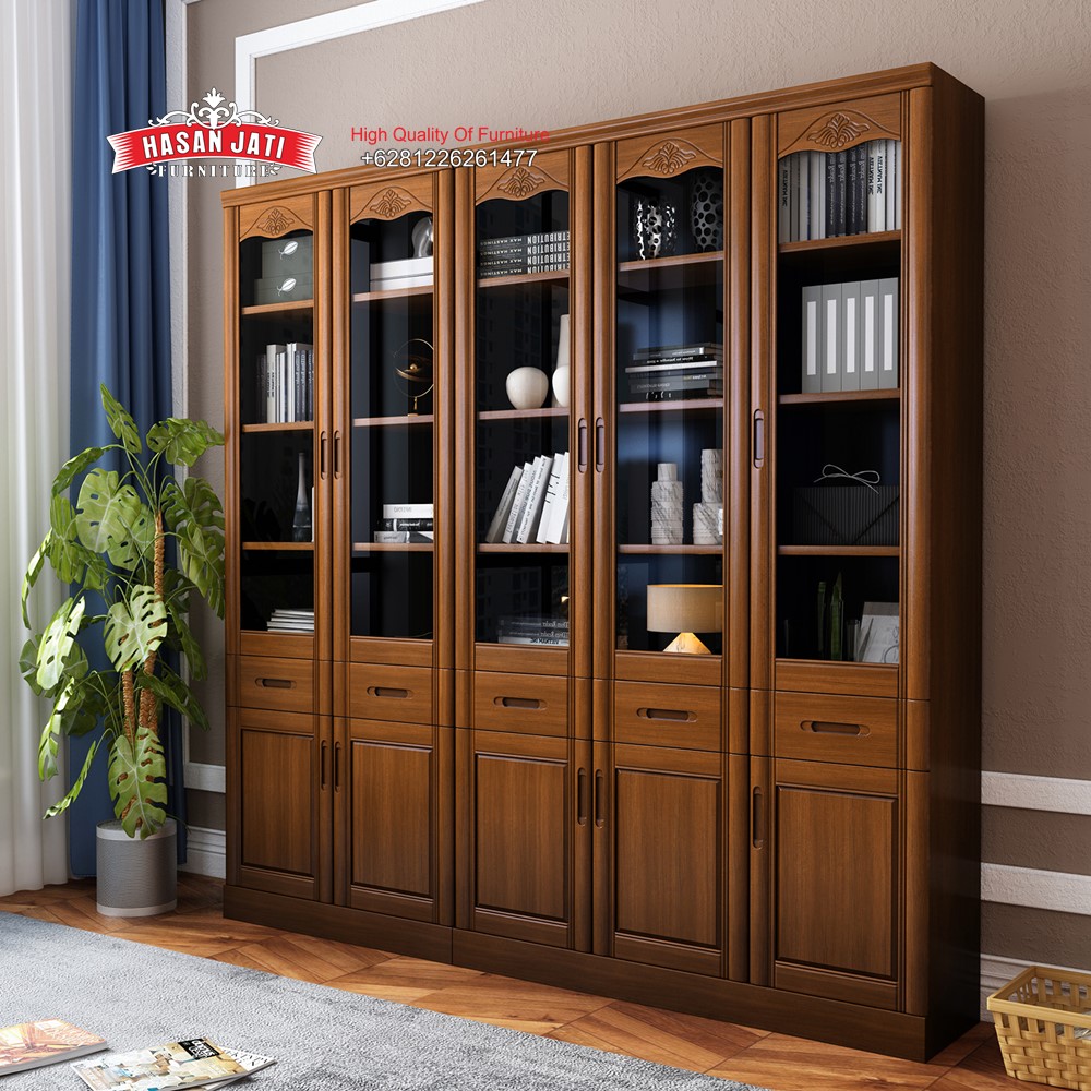 Lemari Hias Jati Minimalis dengan desain elegan 5 pintu