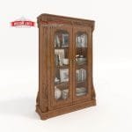Tampilan penuh dari sudut perspektif atas lemari hias jati mewah seri Gloucester 2 pintu kaca terisi penuh buku dan pajangan dekorasi produk Hasan Jati Furniture.