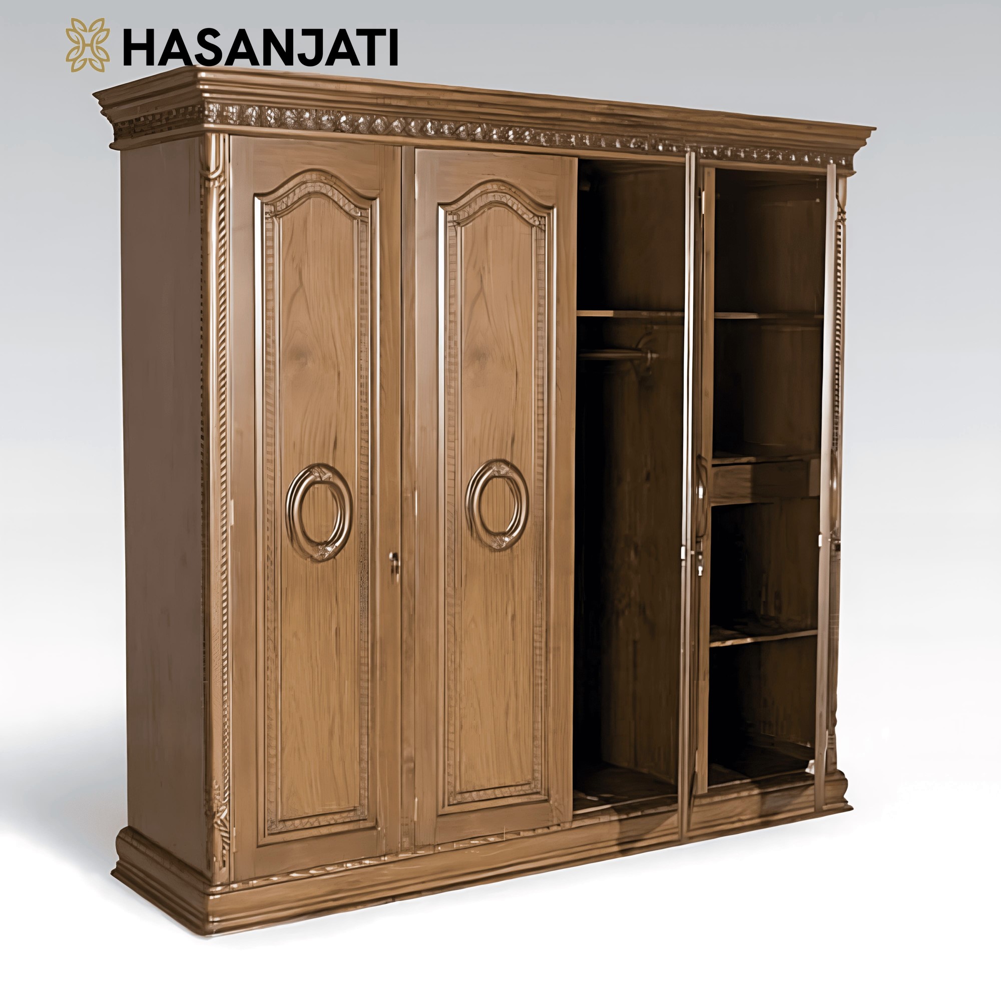 Lemari Pakaian Jati Jepara 4 Pintu dengan desain klasik warna natural