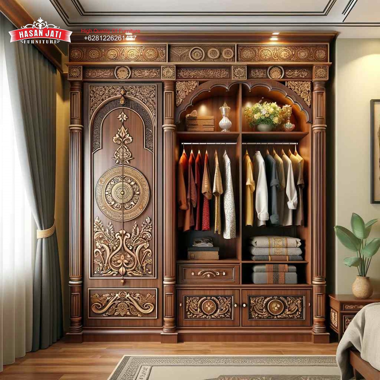 Lemari Pakaian Jati Mewah desain klasik motif ukiran Jepara