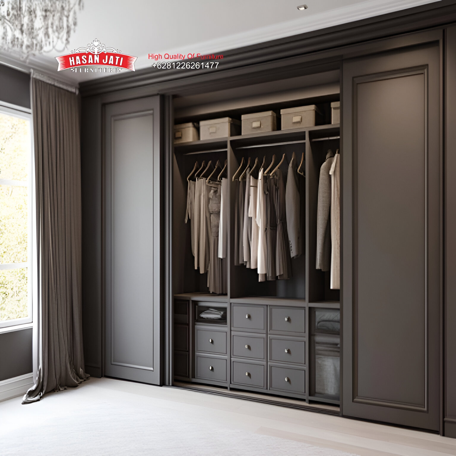 Lemari pakaian minimalis modern pintu sliding warna brown