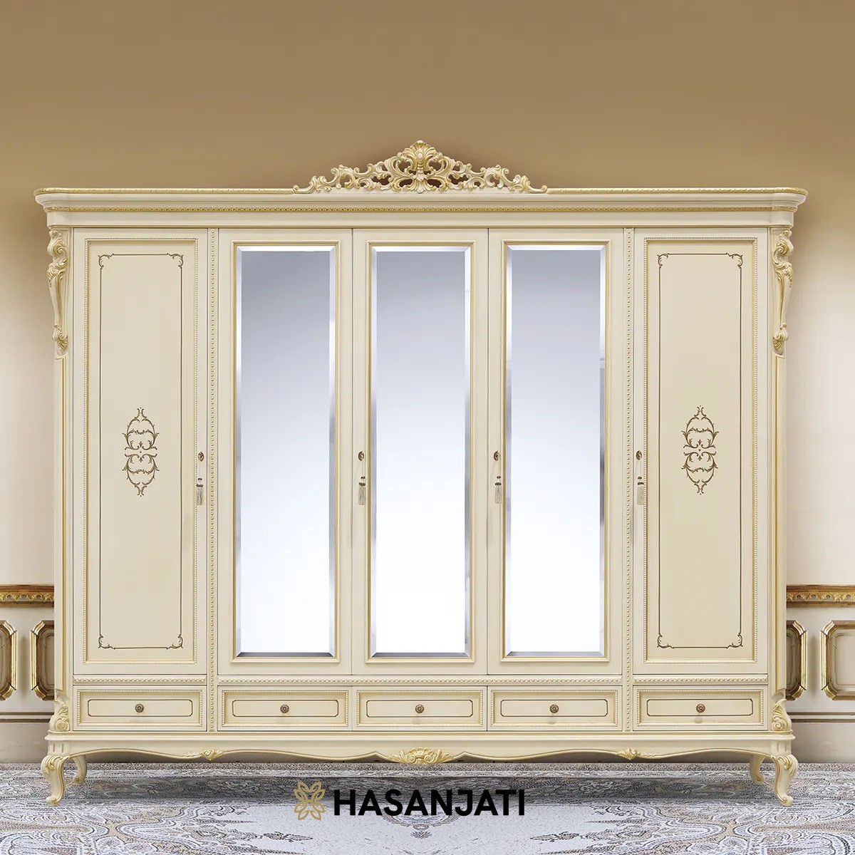 Lemari Wardrobe Ivory Klasik 6 pintu ukiran Jepara