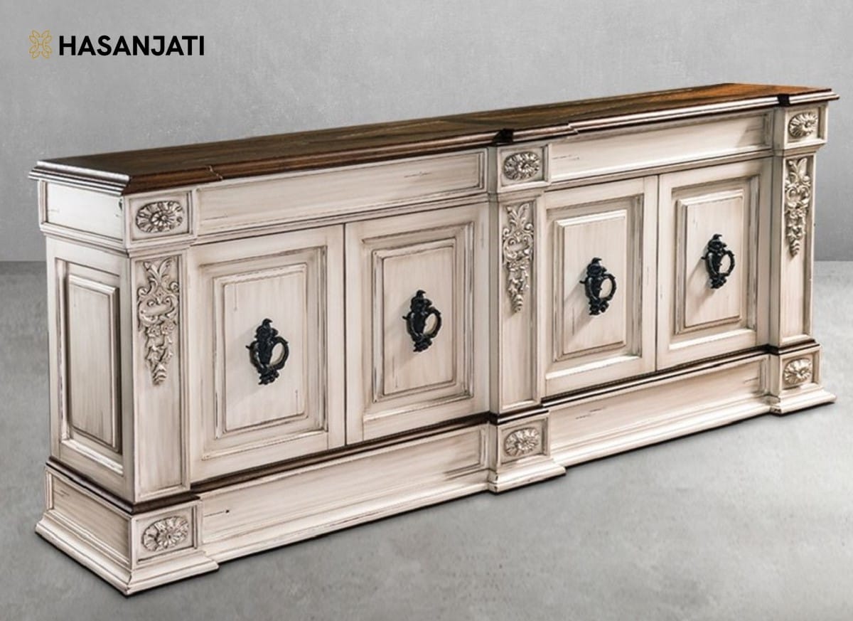 Meja Bufet Klasik Mewah warna putih dengan tampilan daun meja warna natural