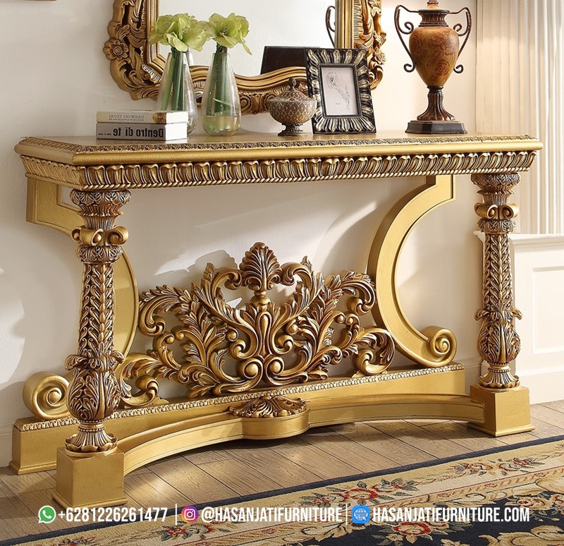 Meja konsul klasik ukiran warna gold nampak detail bawah