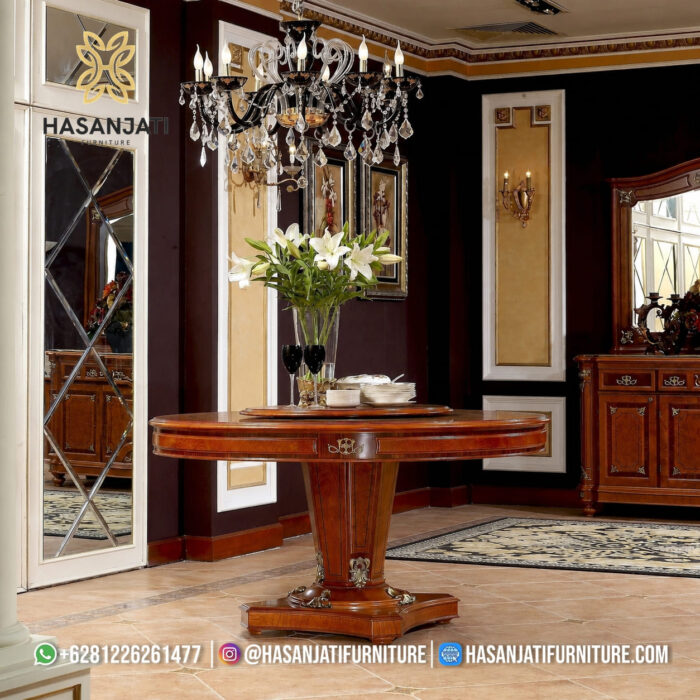 Meja Makan Jati Solid Bundar Ukir Mewah dengan Fitur Lazy Susan