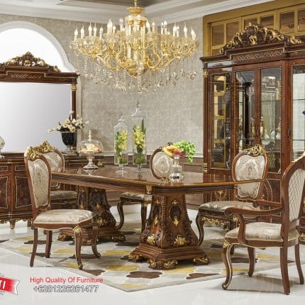 Set Meja Makan Jati Klasik Mewah Ukiran Gold Leaf Formasi 6 Kursi