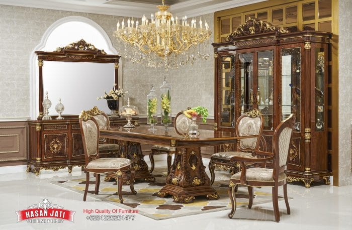 Set Meja Makan Jati Klasik Mewah Ukiran Gold Leaf Formasi 6 Kursi
