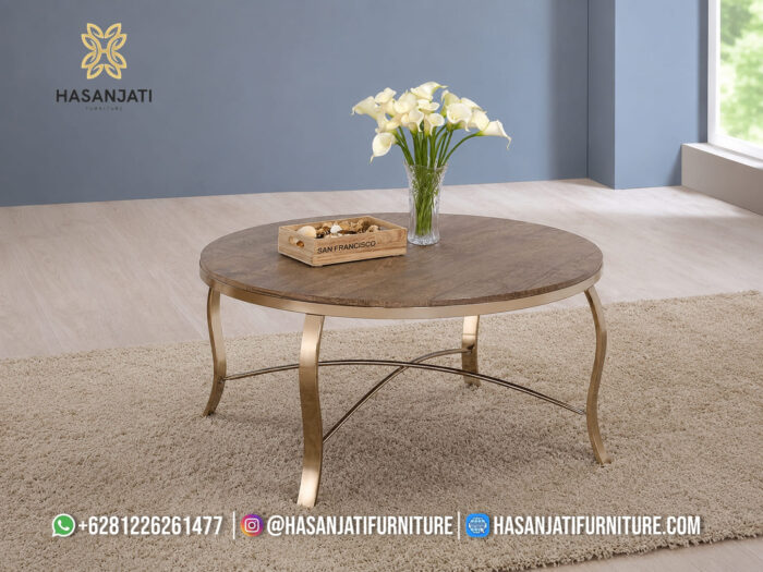 Meja Tamu Bundar Stainless Steel Luxury Top Teak Wood