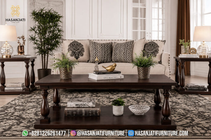Meja Tamu Jati Minimalis Klasik Finishing Espresso Set Sofa