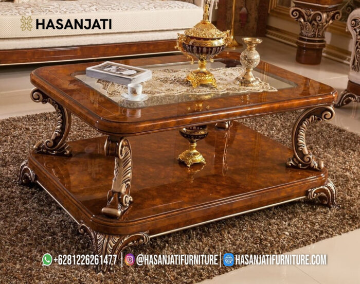 Meja Tamu Jati Susun Ukiran Natural Walnut Gold Leaf