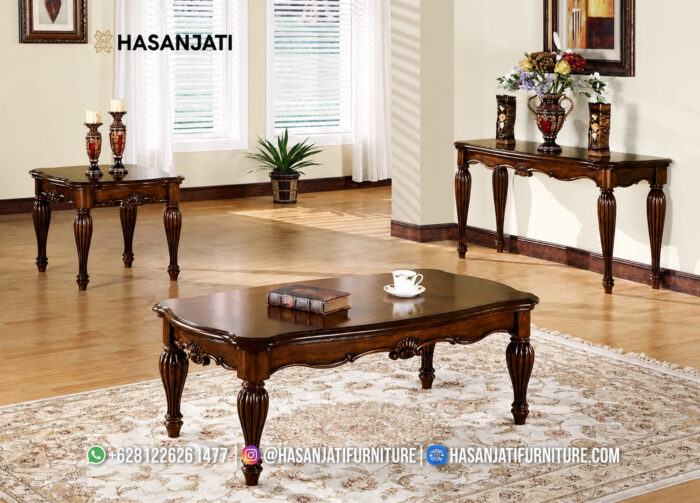 Meja Tamu Jati Ukir Finishing Brown Natural Set Sofa Mewah