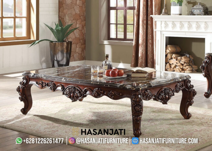Meja Tamu Jati Ukir Finishing Dark Salak Brown Set Sofa Mewah