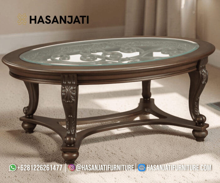 Meja Tamu Jati Ukir Finishing Dark Walnut Set Sofa Mewah