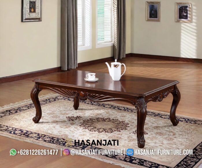 Meja Tamu Jati Ukir Finishing Dark Walnut Set Sofa Mewah