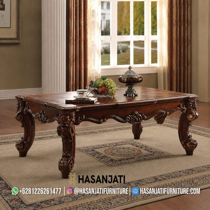 Meja Tamu Jati Ukir Jepara Finishing Dark Coffee Set Sofa