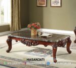 Meja Tamu Jati Ukir Top Marmer Finishing Dark Walnut