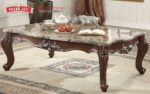 Meja Tamu Jati Ukir Top Marmer Finishing Dark Walnut
