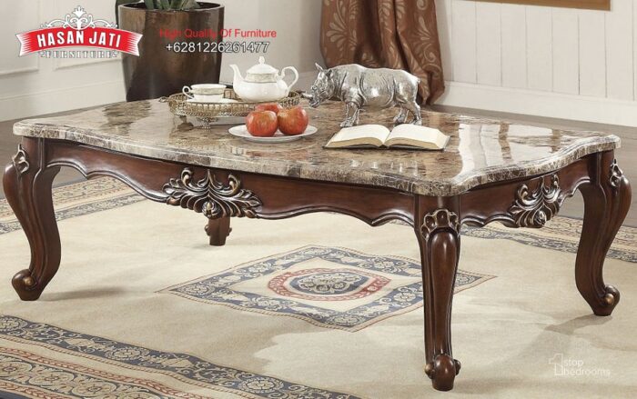 Meja Tamu Jati Ukir Top Marmer Finishing Dark Walnut