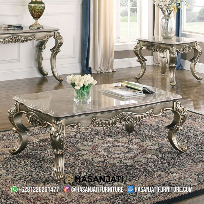 Meja Tamu Ukir Finishing Champagne Gold Set Sofa Mewah