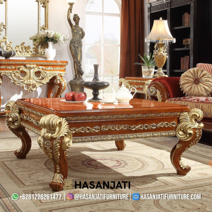 Meja Tamu Ukir Finishing Natural Jati Set Sofa Mewah