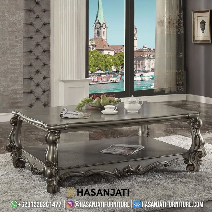 Meja Tamu Ukir Masif Finishing Silver Perak Set Sofa Klasik