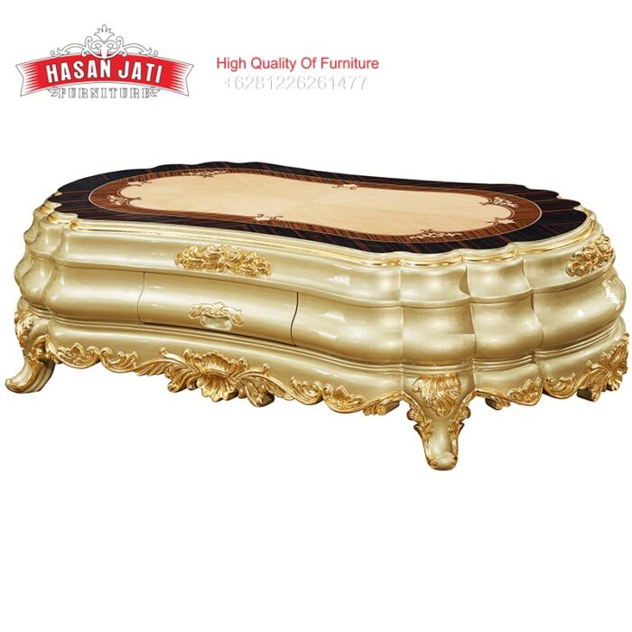 Meja Tamu Ukir Mewah Desain Klasik Finishing Champagne Gold