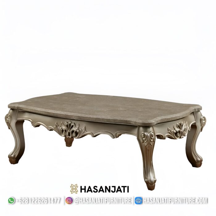 Meja Tamu Ukir Mewah Finishing Silver Champagne Set Sofa