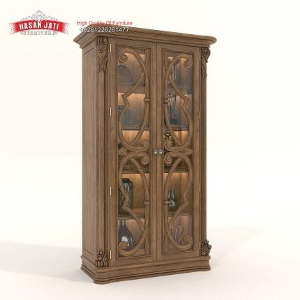 Katalog resmi lemari hias kaca seri Aurelia dari kayu jati produk Hasan Jati Furniture.