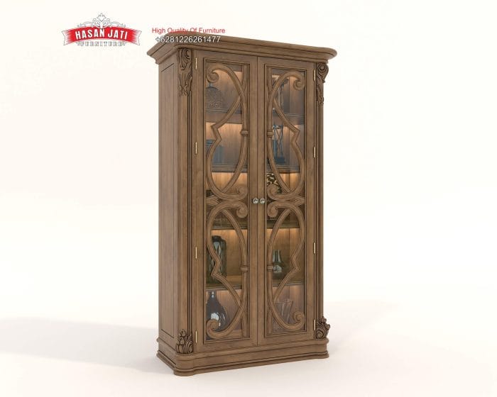 Katalog resmi lemari hias kaca seri Aurelia dari kayu jati produk Hasan Jati Furniture.