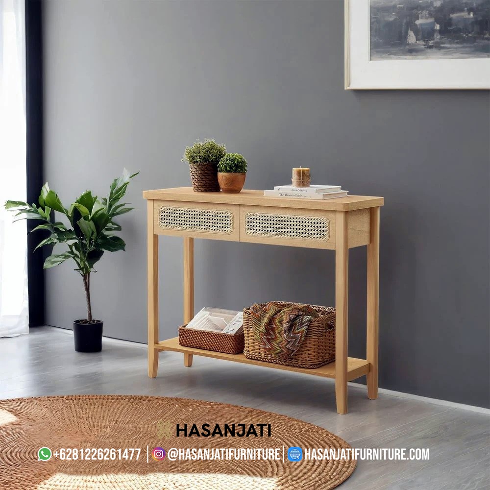Model meja konsul jati terbaru Jepara dengan finishing jati muda dan anyaman rotan