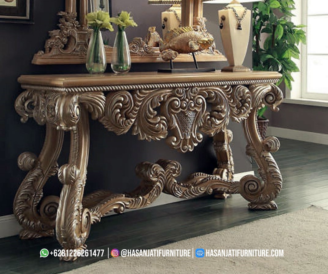 Model meja konsul klasik dengan detail ukiran Jepara nampak bawah