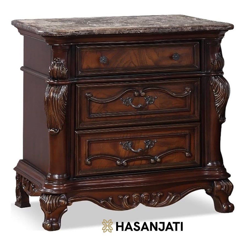 Nakas ukir klasik nightstand kayu jati warna brown detail ukiran Jepara