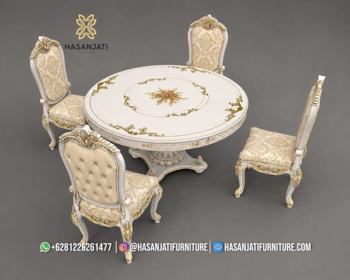 Nampak Atas Set Meja Makan Klasik Ivory Gold Ukiran Jepara Formasi 4 Kursi Bundar