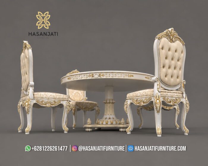 Nampak Bawah Set Meja Makan Klasik Ivory Gold Ukiran Jepara Formasi 4 Kursi Bundar