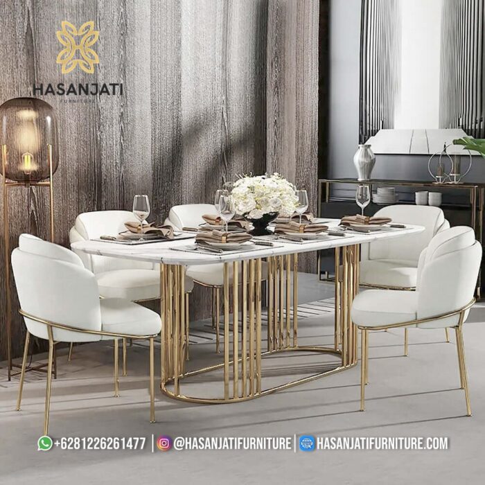 Set Kursi Makan Minimalis Model Bucket Rangka Stainless Gold Kain Putih