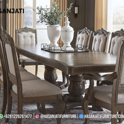 Set Meja Makan Jati Solid Klasik American Style Mewah Formasi 8 Kursi