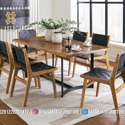 Set Meja Makan Jati Minimalis Live Edge Kaki Besi Kotak Formasi 6 Kursi Anyaman Kulit