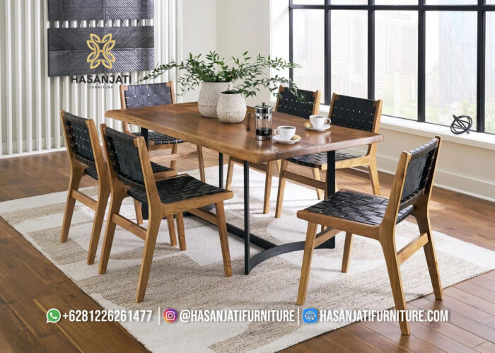 Set Meja Makan Jati Minimalis Live Edge Kaki Besi Kotak Formasi 6 Kursi Anyaman Kulit