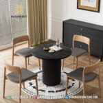 Set Meja Makan Jati Minimalis Modern Bundar Hitam Formasi 4 Kursi