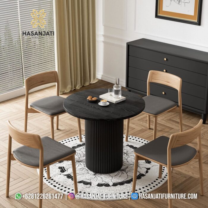 Set Meja Makan Jati Minimalis Modern Bundar Hitam Formasi 4 Kursi