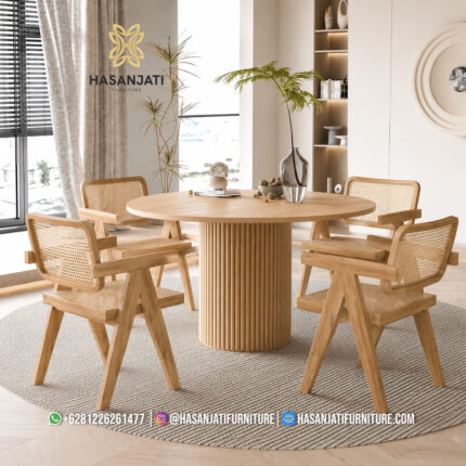 Set Meja Makan Jati Minimalis Modern Bundar Jeanneret Formasi 4 Kursi