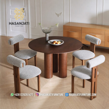 Set Meja Makan Jati Minimalis Modern Bundar Torian Formasi 4 Kursi