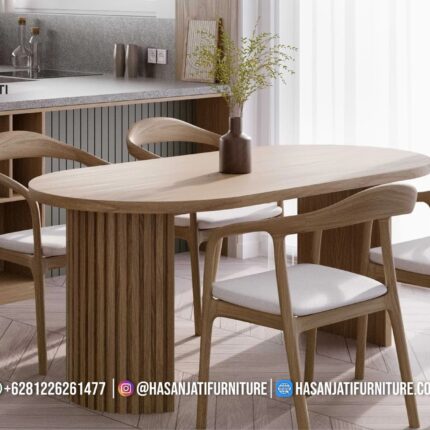 Set Meja Makan Jati Minimalis Modern Oval Pilar Formasi 4 Kursi
