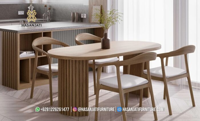 Set Meja Makan Jati Minimalis Modern Oval Pilar Formasi 4 Kursi