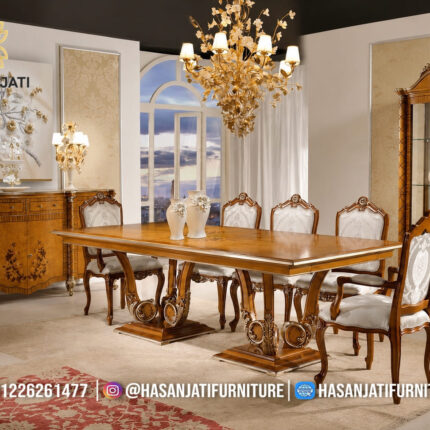 Set Meja Makan Jati Solid Klasik Mewah Italian Luxury Formasi 8 Kursi