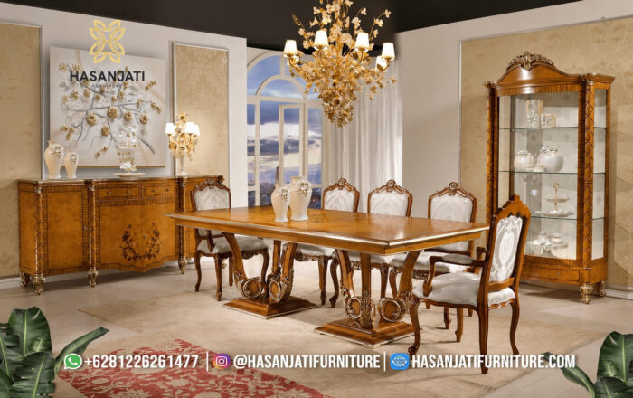 Set Meja Makan Jati Solid Klasik Mewah Italian Luxury Formasi 8 Kursi