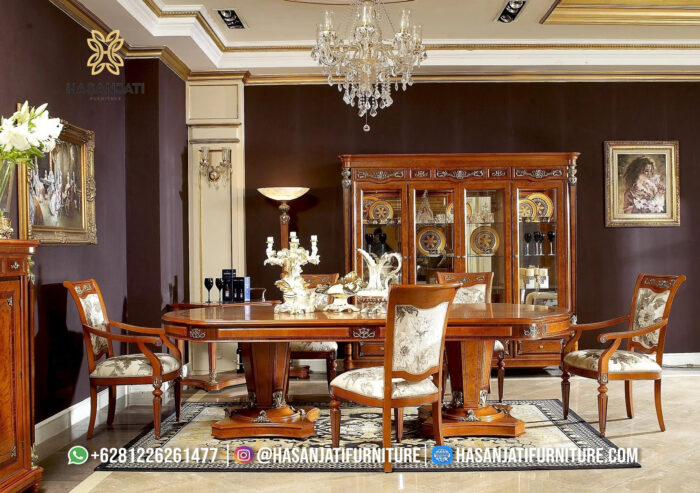 Set Meja Makan Jati Solid Klasik Mewah Italian Style Formasi 8 Kursi