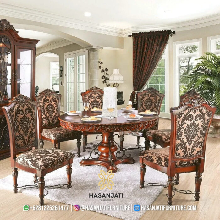Set Meja Makan Jati Solid Klasik Mewah Lucie Style Formasi 6 Kursi Bundar
