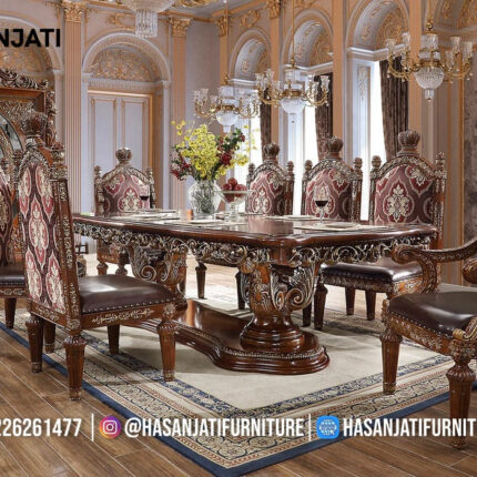 Set Meja Makan Jati Solid Klasik Mewah Maroon Gold Formasi 8 Kursi